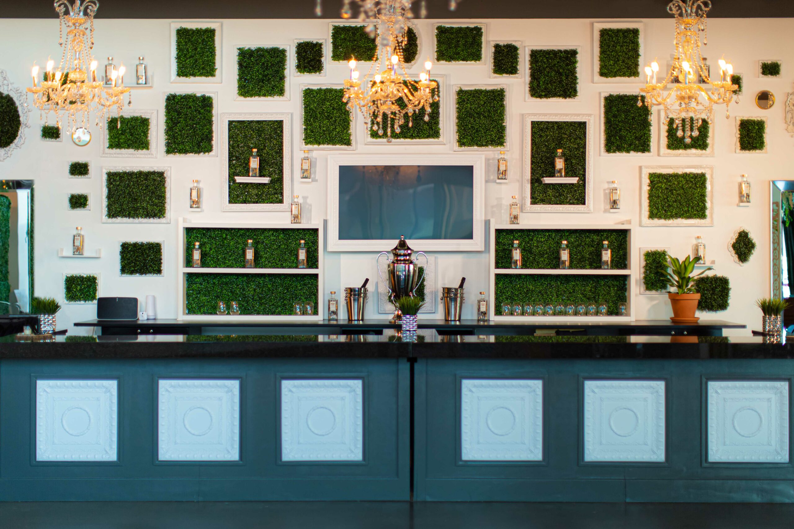 The Garden Room vintage wall unique greenery wall at the bar